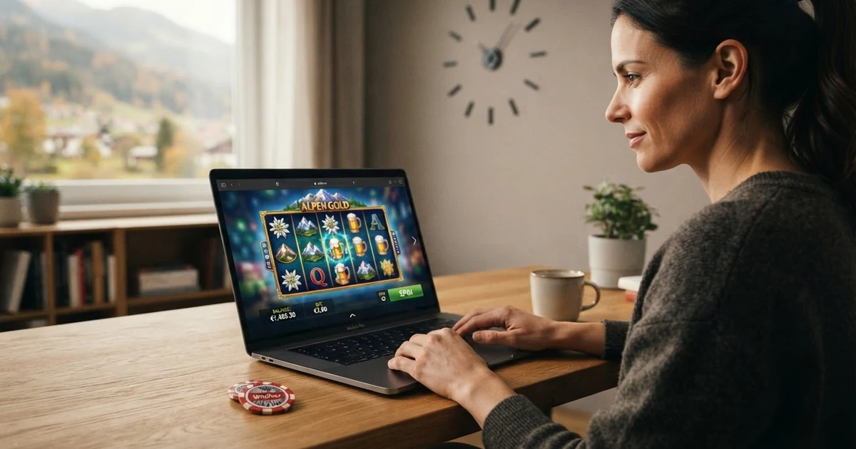 Ein Spieler sitzt an einem Laptop mit geöffnetem Online-Casino, im Hintergrund eine Uhr ohne Zeiger als Symbol für „keine Wartezeit“