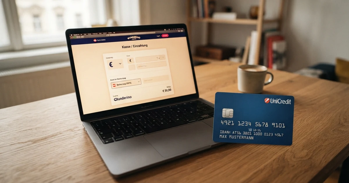 Ein geöffneter Laptop zeigt die Kassen-Seite eines Online Casinos, daneben liegt eine österreichische Bankkarte mit sichtbarem IBAN-Feld