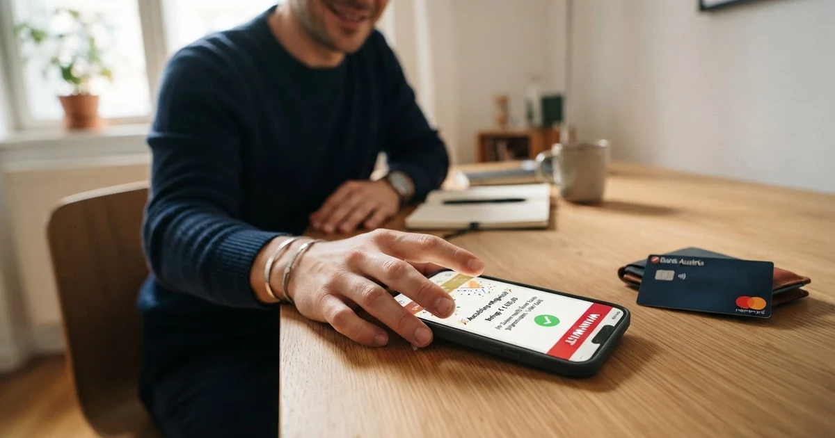 Eine Nahaufnahme eines Smartphone-Bildschirms mit einer Casino-App, auf der eine Auszahlungsbestätigung mit einem Euro-Betrag und dem Hinweis „Auszahlung erfolgreich“ angezeigt wird — im Hintergrund eine österreichische Bankkarte