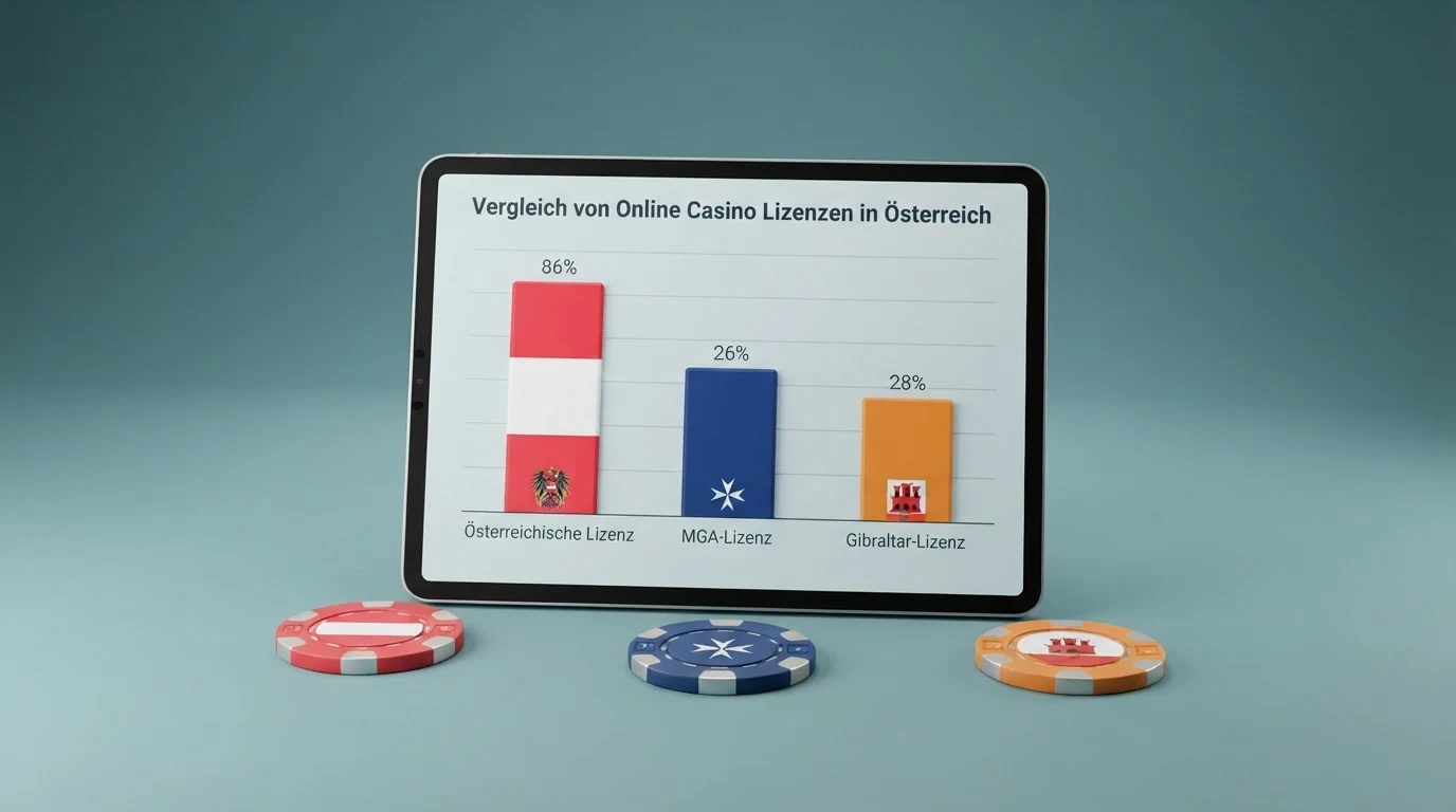 Eine vergleichende Darstellung der Casino-Logos, gruppiert nach Lizenzstatus: ein Anbieter unter der österreichischen Flagge, die übrigen unter MGA- und Gibraltar-Symbolen