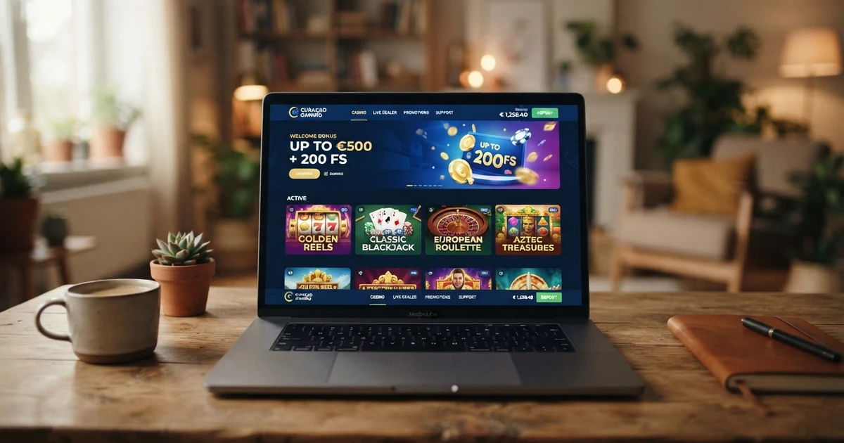 Startseite eines Online-Casinos mit Curacao-Lizenz auf einem Laptop-Bildschirm, Euro-Währungssymbole sichtbar