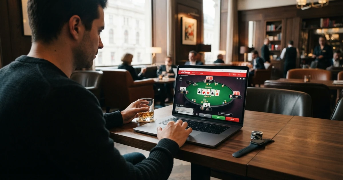 Übersicht einer Online-Poker-Plattform mit Tischansicht, Chips und Karten auf einem Bildschirm