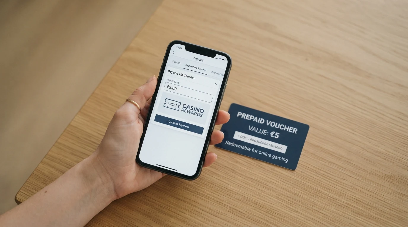 Paysafecard-Logo und Smartphone mit geöffneter Casino-Einzahlungsmaske, Anzeige „5,00 €“
