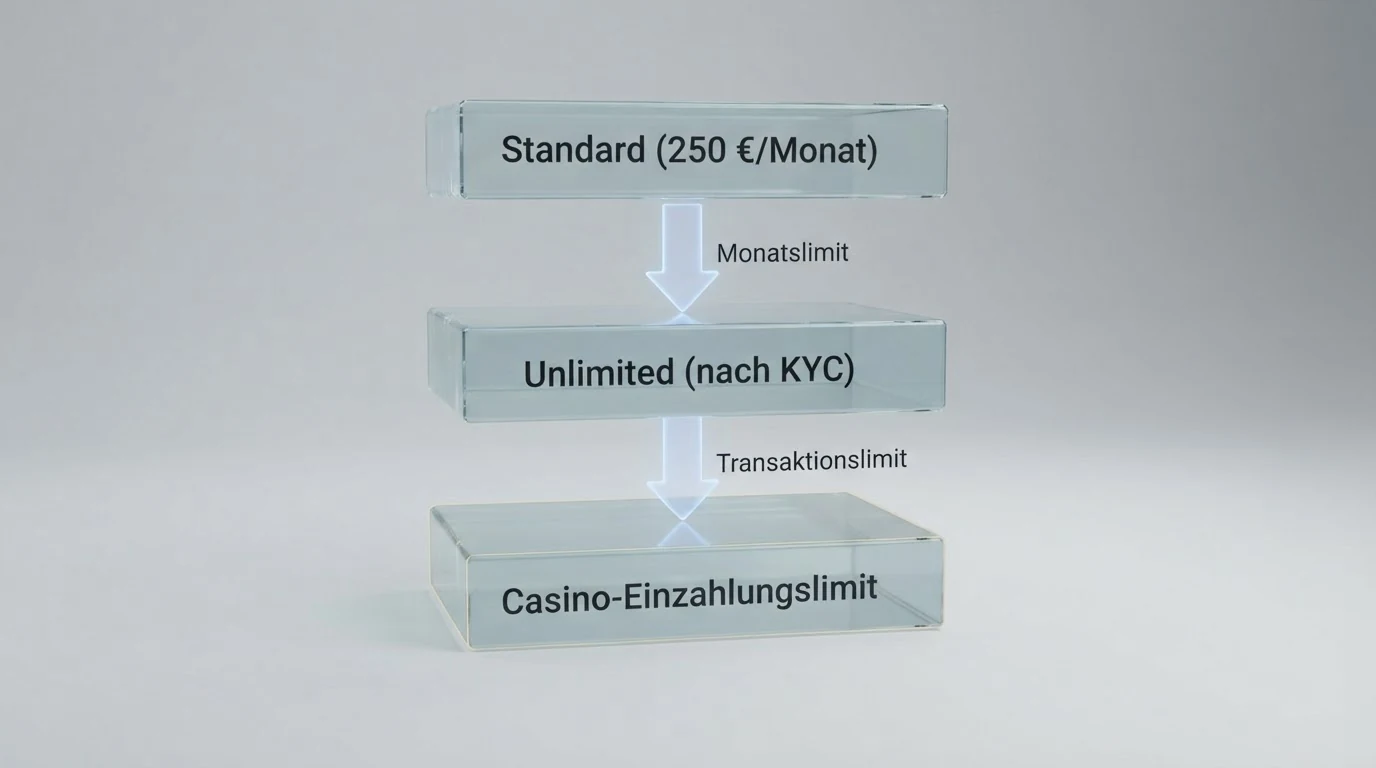 Eine Grafik mit drei übereinander gestapelten Limit-Ebenen: paysafecard-Standard (250 €/Monat), myPaysafecard-Unlimited (nach KYC) und Casino-Einzahlungslimit — mit Pfeilen, die das Zusammenspiel der drei Stufen zeigen
