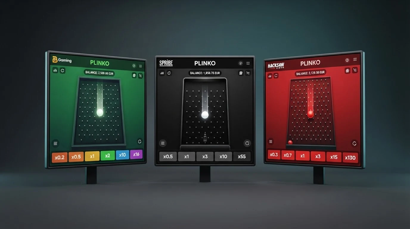 Drei Plinko-Spielfenster nebeneinander: BGaming (grünes Design), Spribe (dunkles Design) und Hacksaw Gaming (rotes Design) mit sichtbaren Multiplikator-Leisten