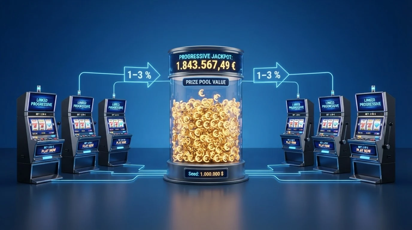 Schematische Darstellung eines progressiven Jackpot-Systems: mehrere Spielautomaten verbunden mit einem zentralen Jackpot-Pool, Beitragspfeile und Seed-Betrag-Anzeige