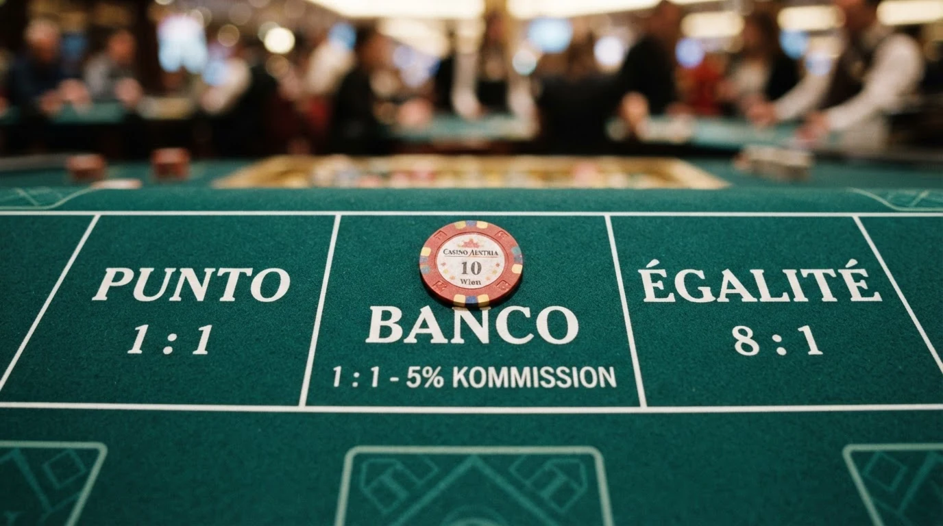 Nahaufnahme der drei Wettfelder Punto, Banco und Égalité auf einem Casino-Tisch mit Auszahlungsquoten