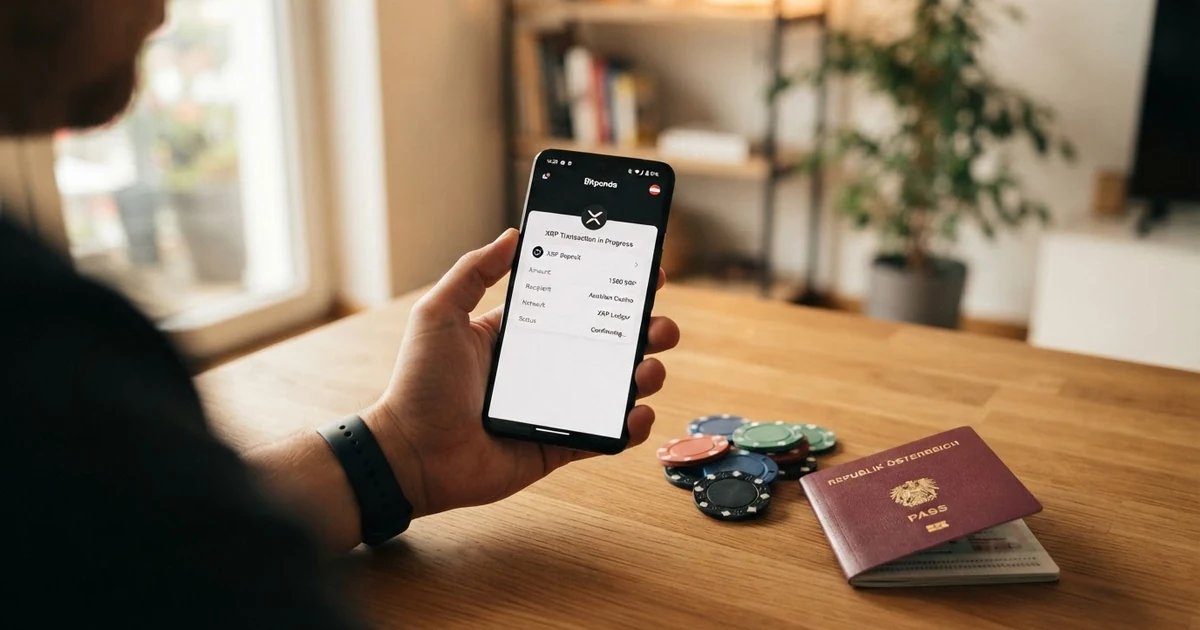Eine Kryptowallet auf einem Smartphone zeigt eine XRP-Transaktion neben Casino-Chips und einem österreichischen Reisepass