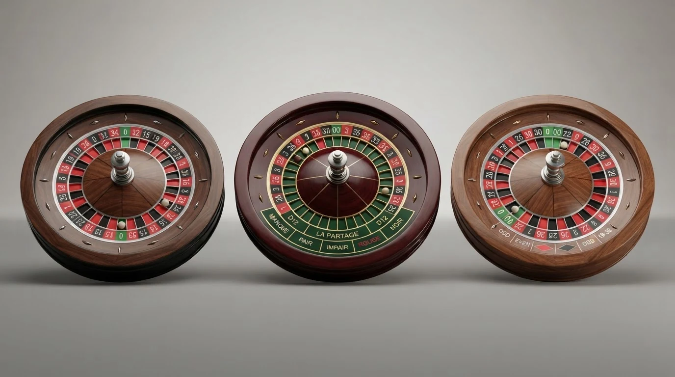 Drei Roulette-Kessel im Vergleich: links das europäische Rad mit einer Null, mittig das französische mit La-Partage-Markierung auf den Einfachen Chancen, rechts das amerikanische Rad mit Doppelnull