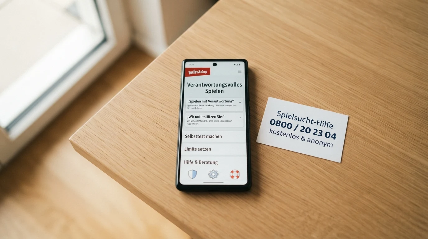 Ein Smartphone mit geöffneter win2day-Spielerschutz-Seite, daneben eine Karte mit der Hotline-Nummer 0800/202304