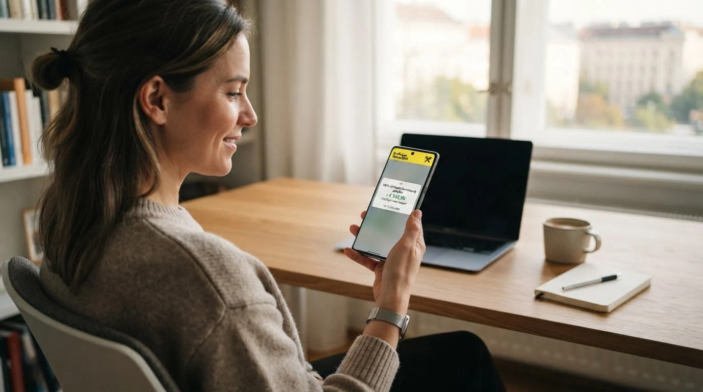 Ein Smartphone mit einer Banking-App, die eine in Echtzeit eingegangene Überweisung mit Zeitstempel „10 Sekunden“ und dem SEPA-Logo anzeigt