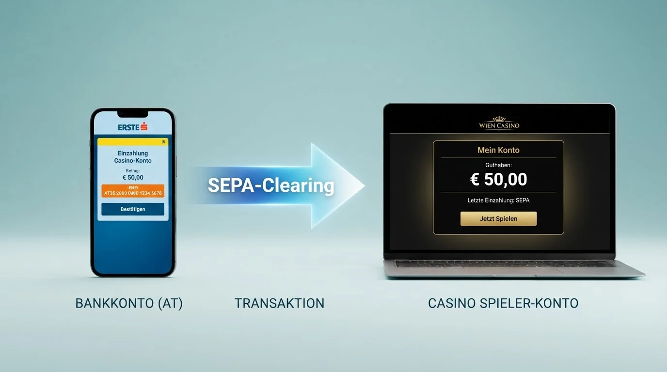 Ein schematischer Ablauf: Bankkonto, SEPA-Clearing-Pfeil und Casino-Spielerkonto als drei Stationen mit Zeitangaben