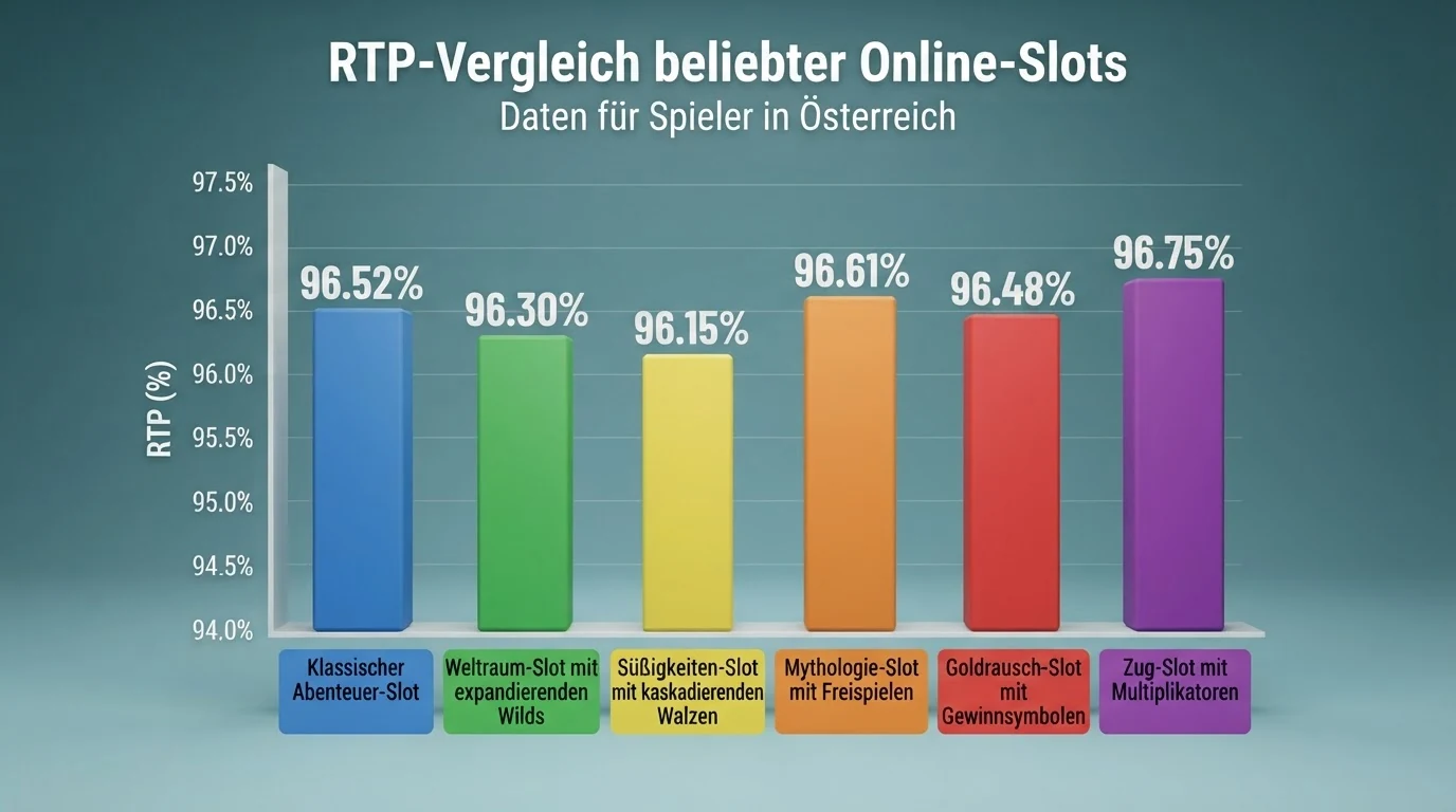 Übersicht der sechs recherchierten Echtgeld-Slots mit ihren RTP-Prozentwerten, Volatilitätsangaben und maximalen Gewinn-Multiplikatoren