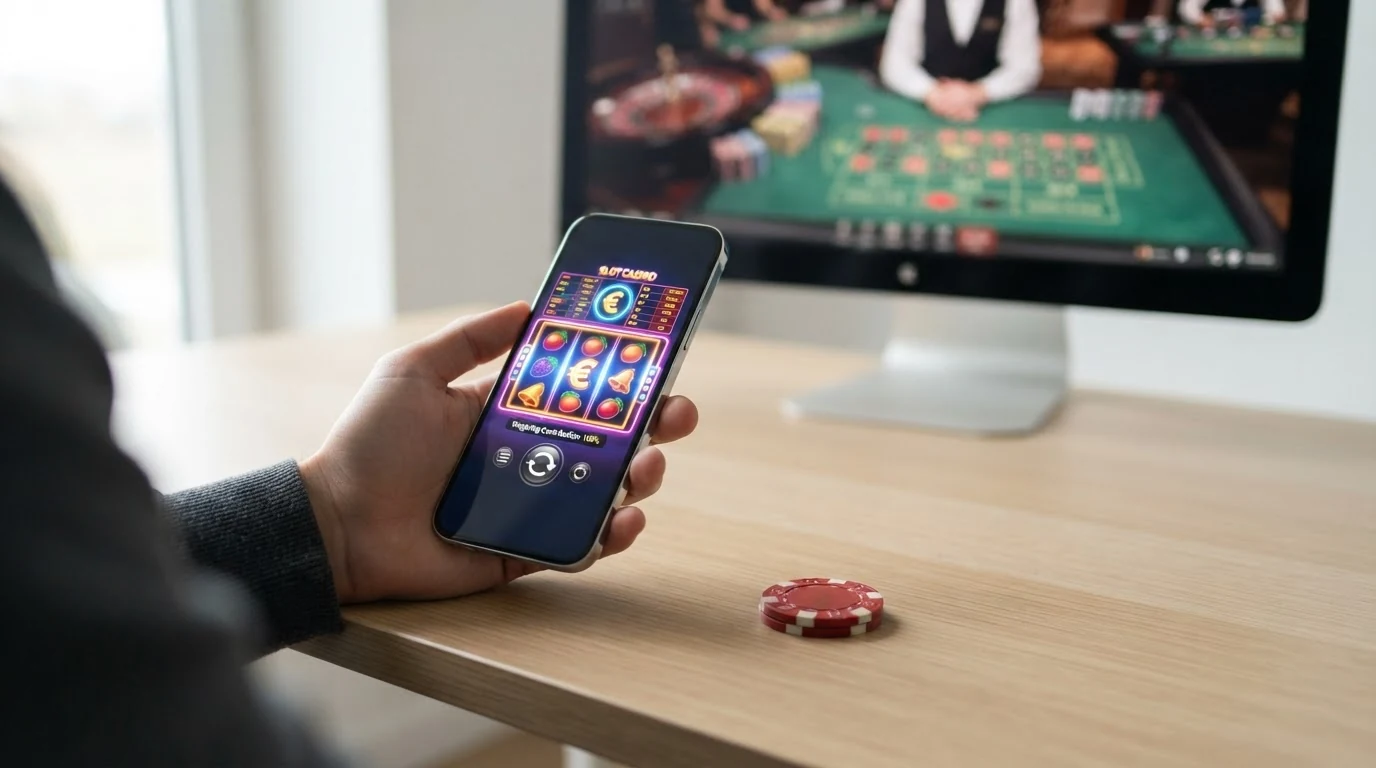 Eine Reihe von Spielautomaten-Symbolen mit einem hervorgehobenen 100-%-Beitragssymbol, daneben abgestuft Live-Casino- und Tischspiel-Symbole mit niedrigeren Beitragswerten