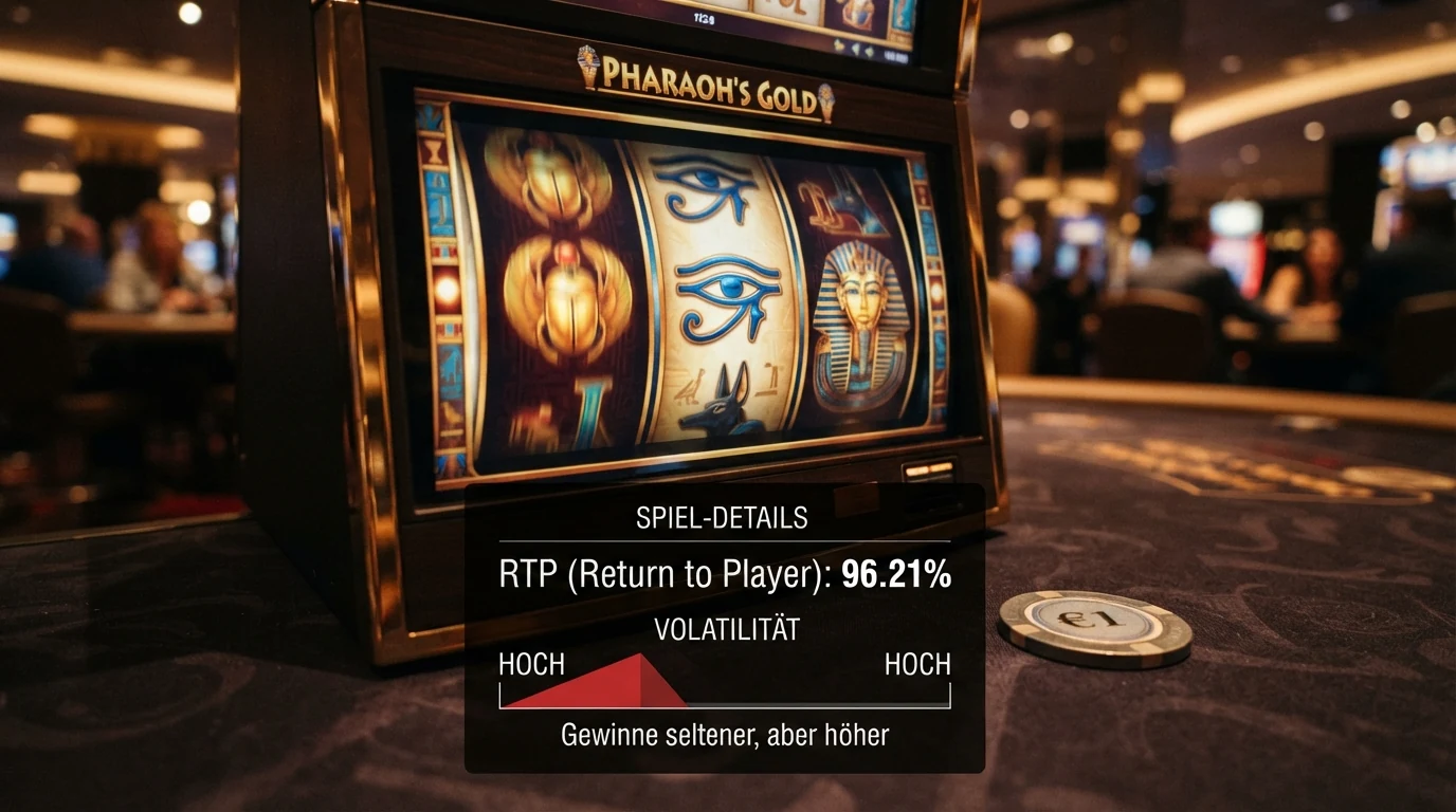 Eine Slot-Walze mit drei sichtbaren Symbolen aus Book of Dead, darunter eine eingeblendete Prozentanzeige „RTP 96,21 %" und eine Grafik zur Volatilität