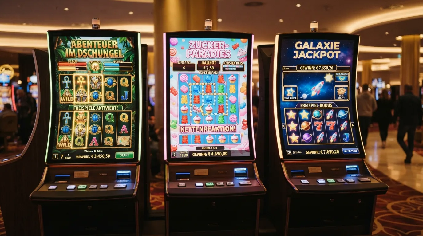 Drei Slot-Spielfelder nebeneinander — Book of Dead, Sweet Bonanza und Starburst — mit eingeblendeten RTP-Prozentwerten