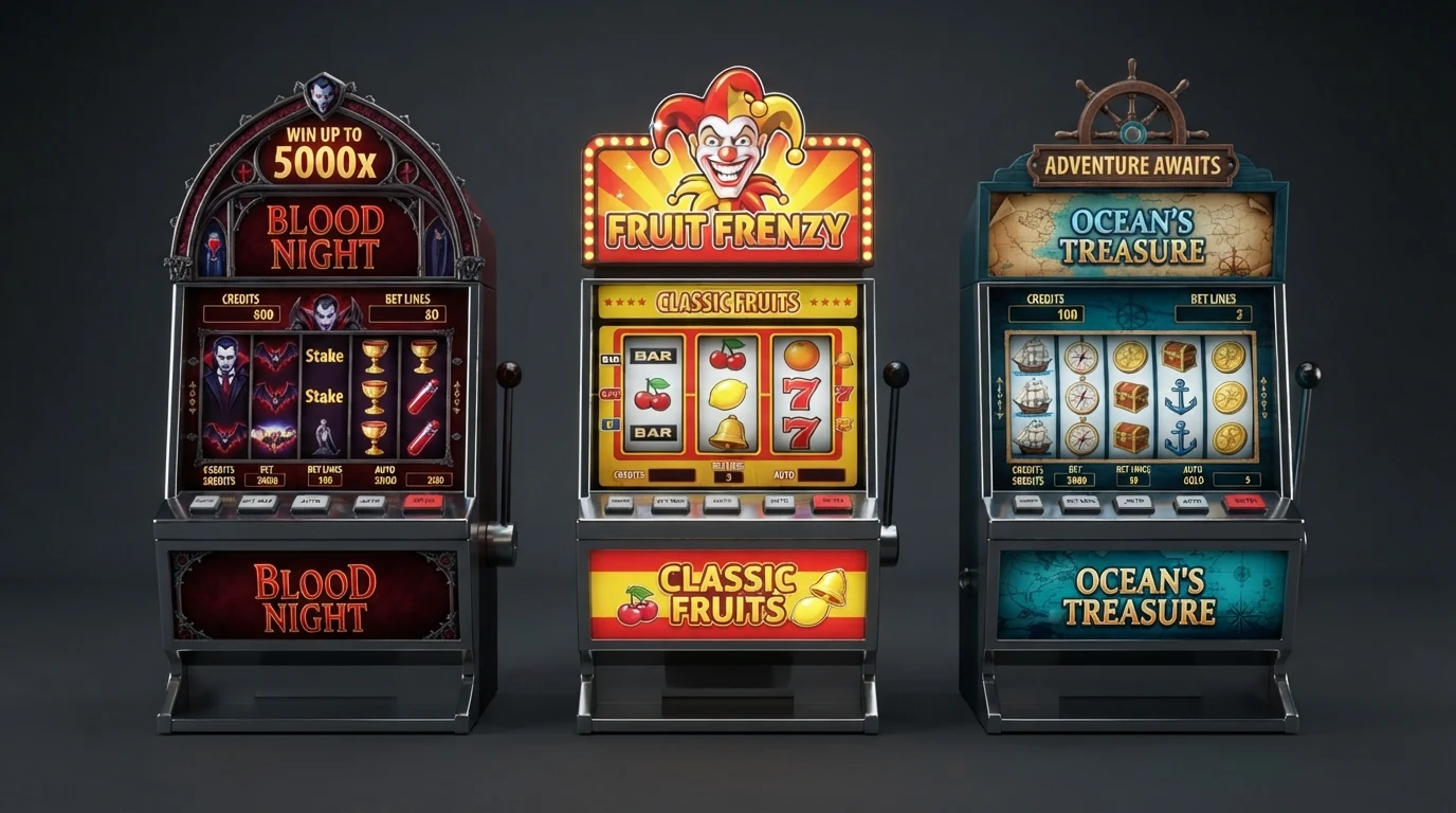 Drei beliebte Online-Spielautomaten mit hohem RTP-Wert — Blood Suckers, Mega Joker und 1429 Uncharted Seas — in einer Vergleichsgrafik