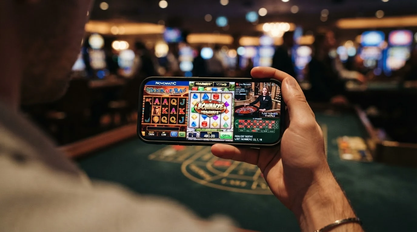 Drei Slot-Spiele nebeneinander auf einem Smartphone-Display im Querformat — links ein klassischer Novomatic-Slot, mittig ein Megaways-Titel, rechts ein Live-Roulette-Stream