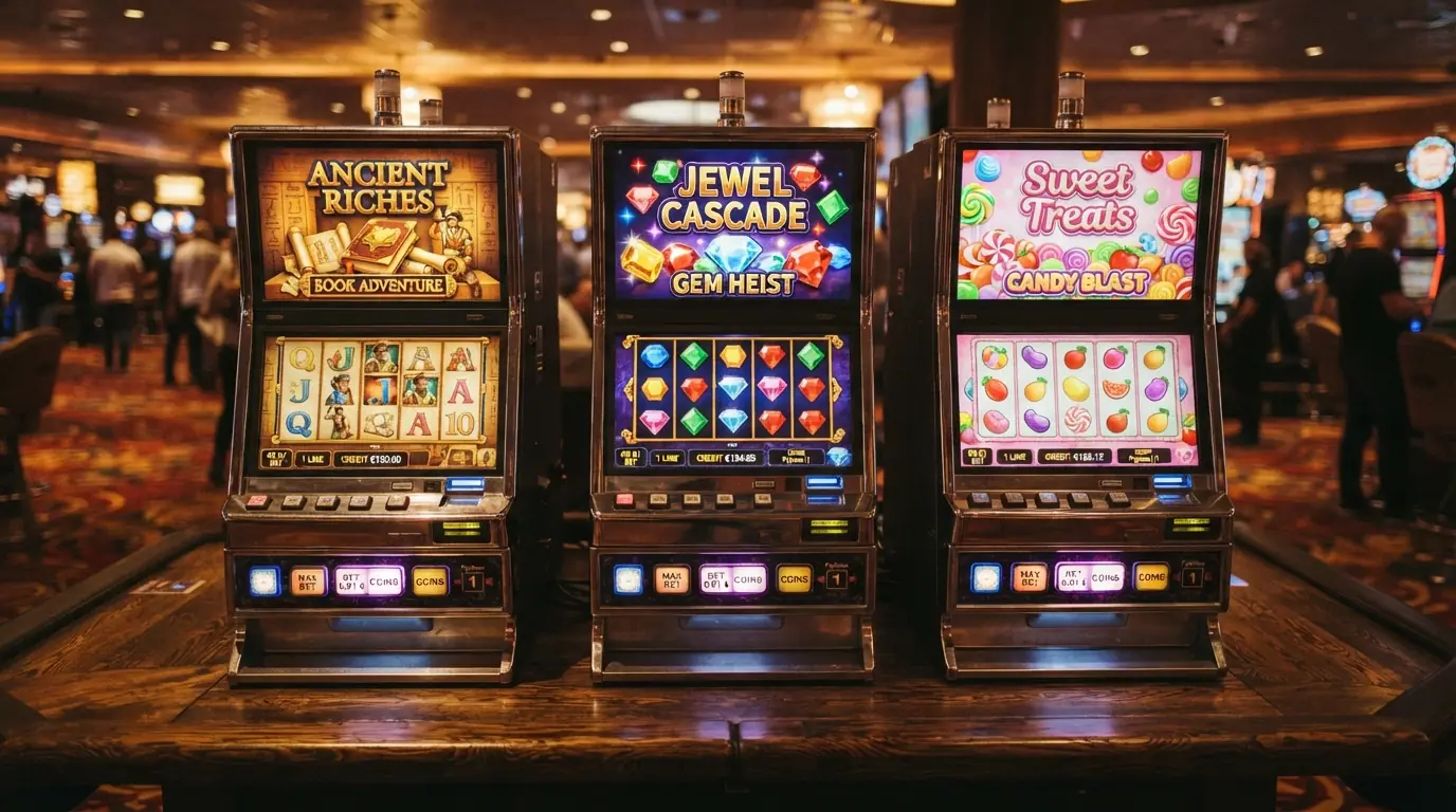 Drei Spielautomaten-Grafiken — ein Buch, ein Juwel und eine Bonbon-Optik — mit hervorgehobener Einsatzanzeige von 0,01 €