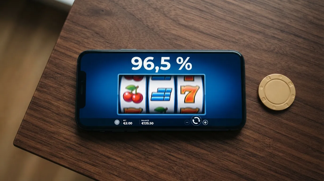 Drei Slot-Walzen mit unterschiedlich großen Gewinnsymbolen, dahinter eine Prozentanzeige „RTP 96,5 %“ — die Zahlen hinter dem Spielspaß