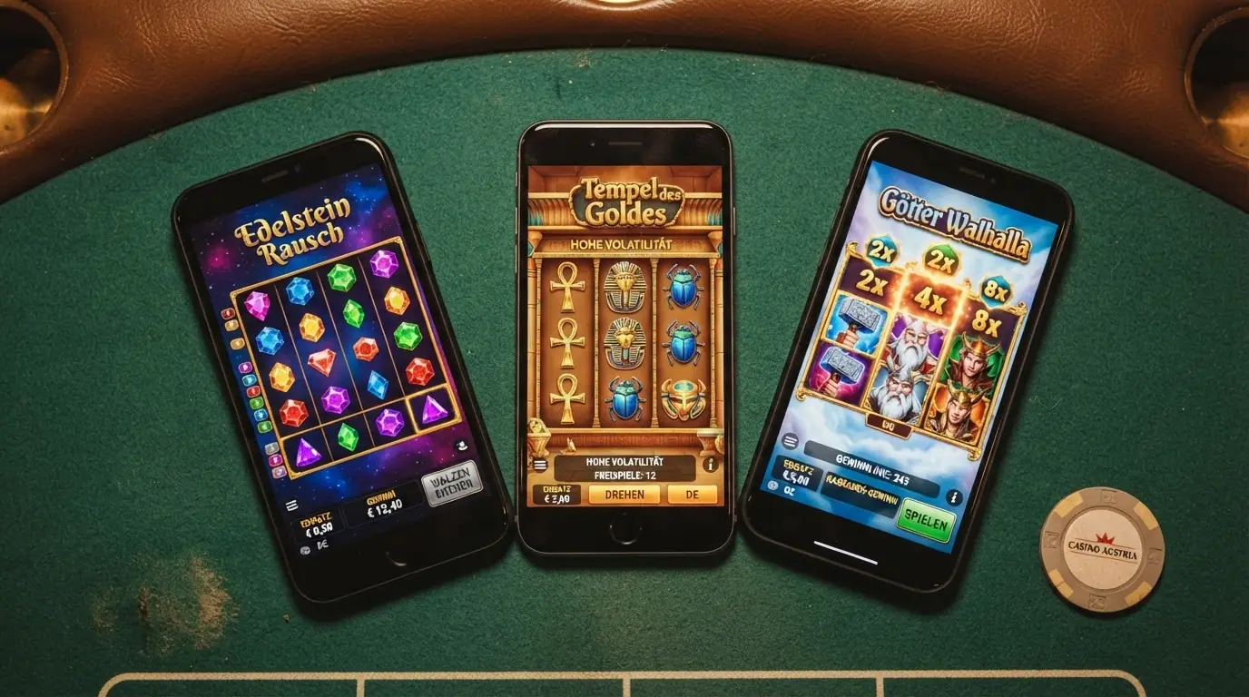 Drei Spielautomaten-Screenshots nebeneinander: Starburst mit funkelnden Juwelen, Book of Dead mit ägyptischen Symbolen, Gates of Olympus mit griechischer Götterwelt