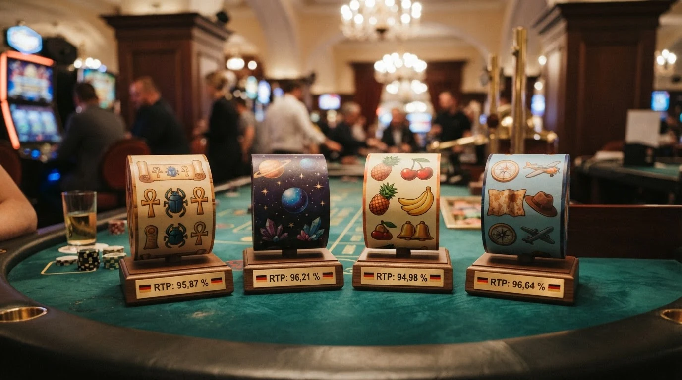 Vier Spielautomaten-Symbole (Book of Dead, Starburst, Sweet Bonanza, Gonzo's Quest) mit ihren RTP-Prozentwerten darunter in einer übersichtlichen Anordnung