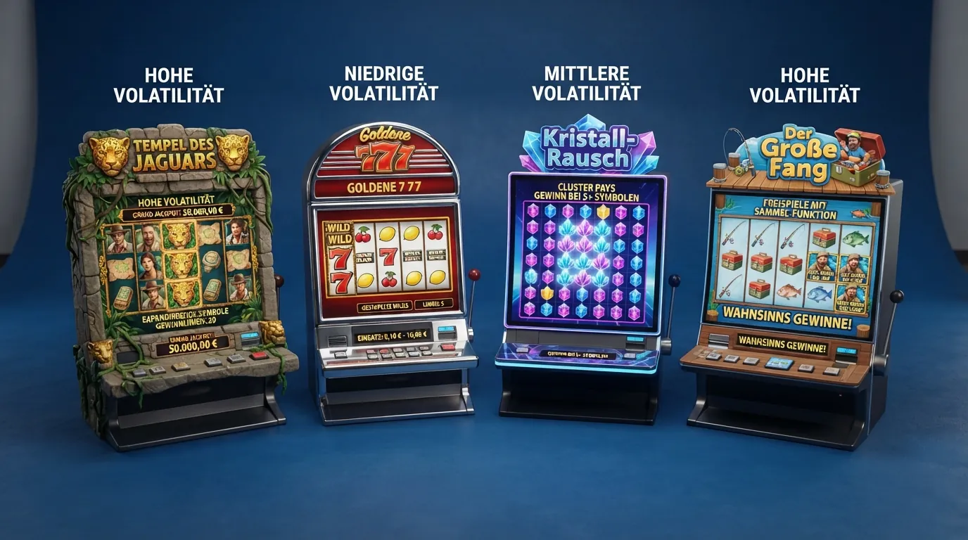 Vier populäre Online-Slots — Book of Dead, Starburst, Sweet Bonanza und Big Bass Bonanza — mit ihren Auszahlungsquoten und Volatilitätsangaben im direkten Vergleich