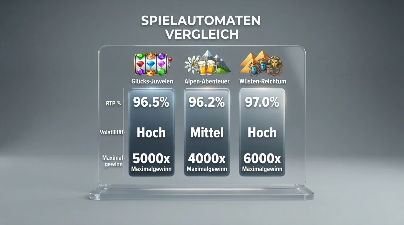 Drei Slot-Screenshots nebeneinander: Book of Dead, Razor Returns und Wilds of Fortune — unter jedem eine stilisierte Anzeige von RTP-%, Volatilitätsbalken und Max-Win-Multiplikator