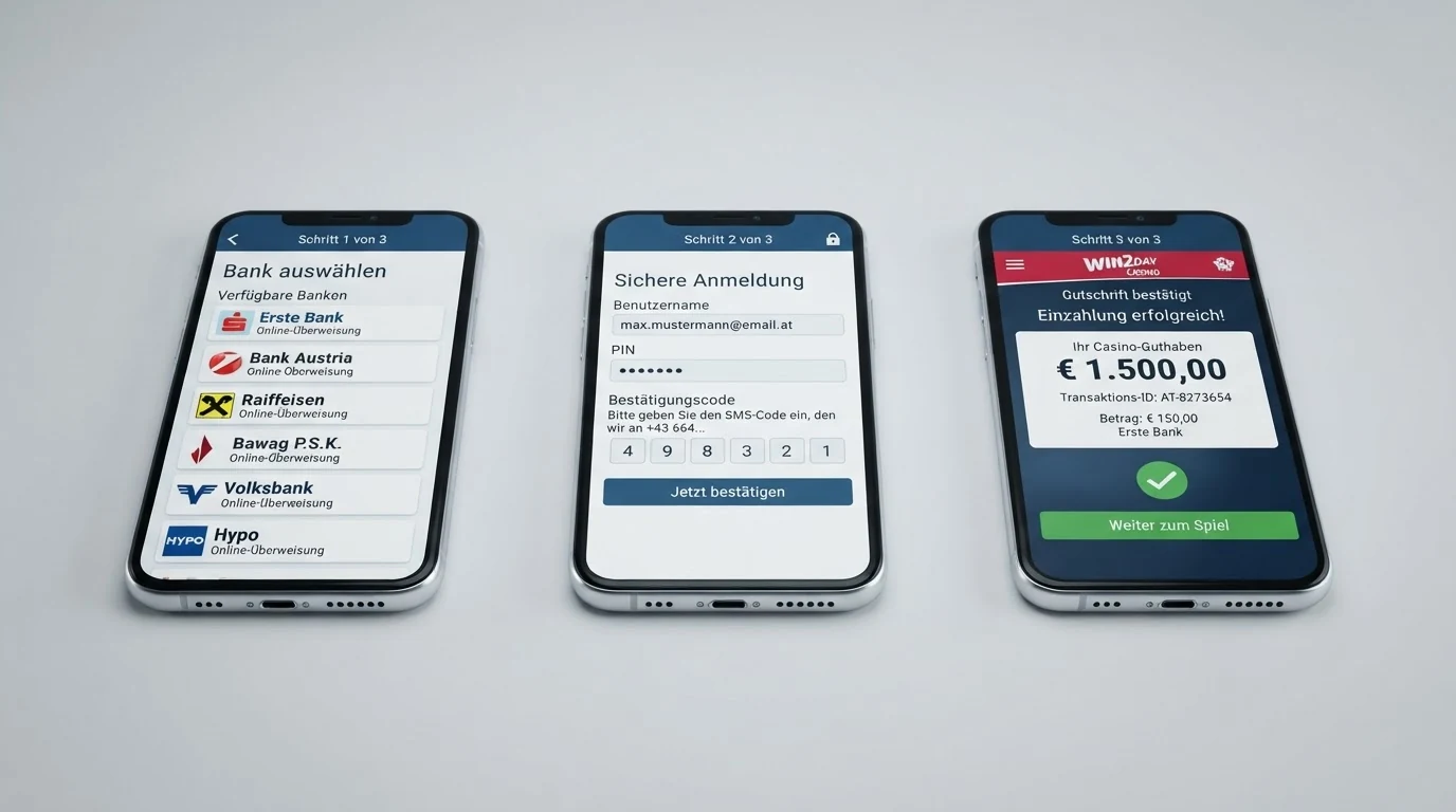Schematische Darstellung des SOFORT-Einzahlungsprozesses in drei Schritten: Bankauswahl, Online-Banking-Login mit TAN, bestätigte Gutschrift auf dem Casino-Konto