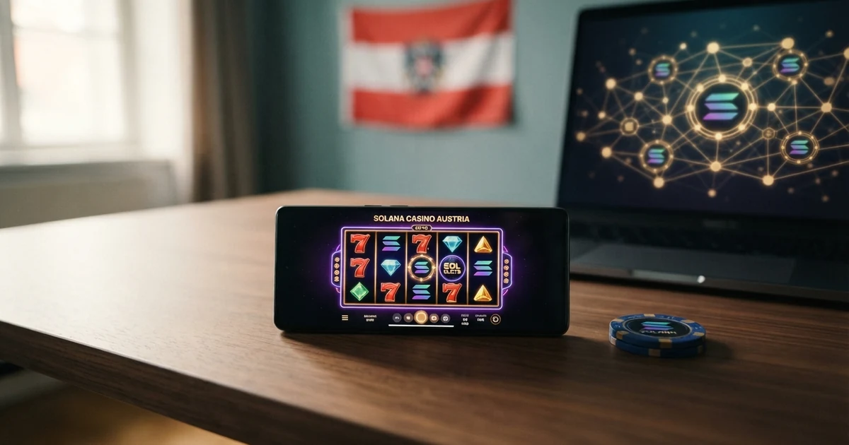 Solana-Blockchain-Netzwerk-Grafik mit Casino-Chips und Phantom-Wallet-Logo auf einem Bildschirm vor österreichischer Flagge