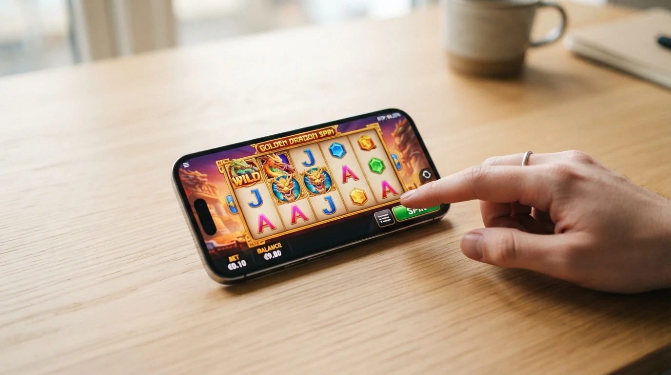 Eine Spielautomaten-Oberfläche mit fünf Walzen und farbigen Symbolen auf einem Smartphone-Bildschirm, daneben eingeblendet die RTP-Prozentzahl und der Einsatzbetrag von 0,10 Euro pro Runde