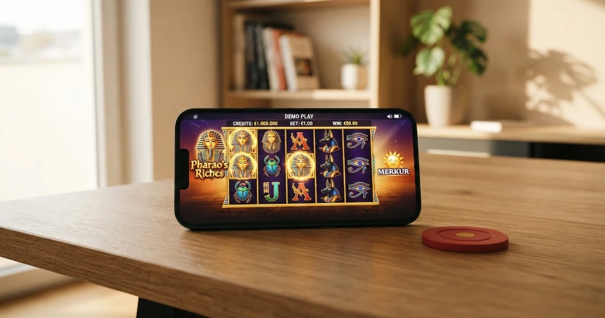 Bildschirm mit mehreren Merkur-Slot-Spielfeldern in der Demo-Ansicht, Spielgeld-Guthaben sichtbar, keine Registrierungsmaske im Bild