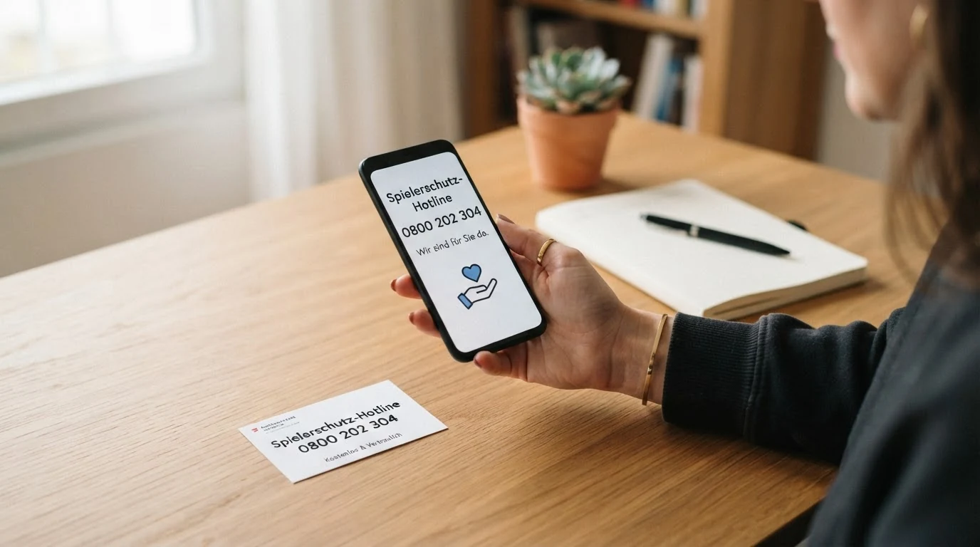 Ein aufgeräumter Schreibtisch mit Telefonhörer, daneben eine Visitenkarte mit der Aufschrift „Spielerschutz-Hotline 0800 202 304“ und ein Laptop mit geöffnetem Selbsttest.