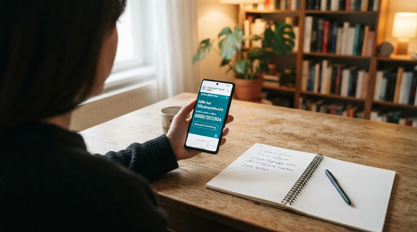 Eine Person telefoniert mit einem Notizblock, auf dem Bildschirm dahinter ist die Website der Spielsuchthilfe Wien mit der Hotline-Nummer zu sehen