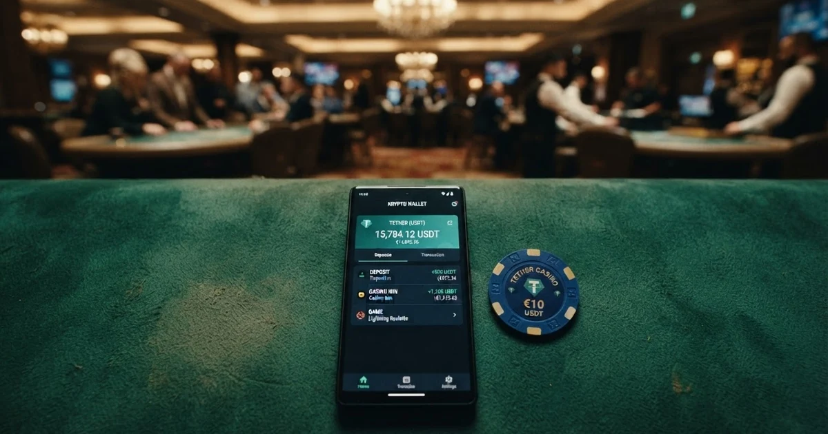 Ein Smartphone mit einer Krypto-Wallet-App und Casino-Chips auf einem grünen Filztisch, daneben das USDT-Logo
