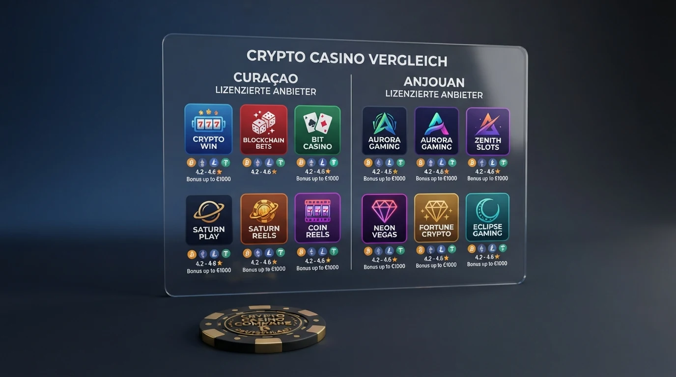 Zehn Logos der vorgestellten Krypto Casinos in einer tabellarischen Anordnung, farblich gruppiert nach Lizenztyp (Curaçao vs. Anjouan)
