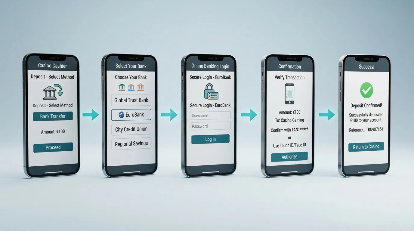 Eine schematische Darstellung der fünf Schritte einer Trustly-Einzahlung: Casino-Kasse, Bankauswahl, Login, Bestätigung, Guthaben — mit Smartphone-Mockups für jeden Schritt