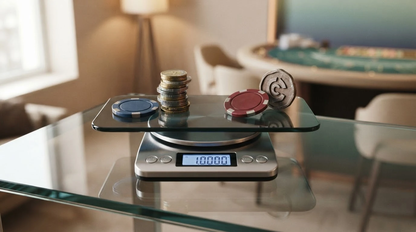 USDC-Coin-Logo neben Euro-Münzen und Bitcoin-Symbol auf einer digitalen Waage im Gleichgewicht