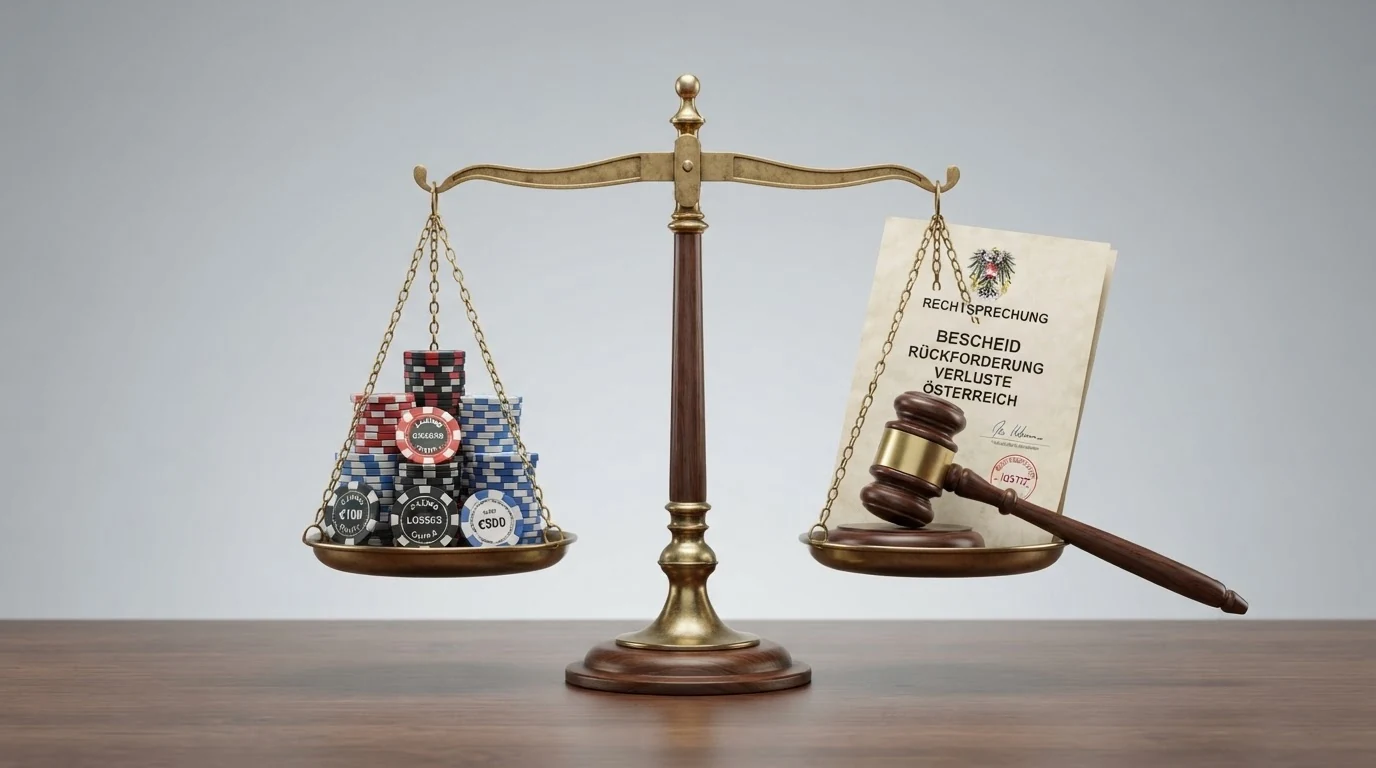Eine stilisierte Gerichtsdarstellung: eine Waage, auf deren einer Schale Spielverluste in Euro und auf deren anderer ein OGH-Urteil liegt — die Waage neigt sich zur Urteilsseite