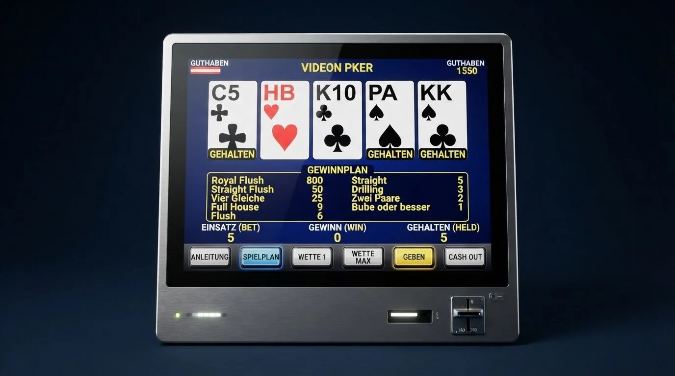 Bildschirmansicht eines Video-Poker-Spiels mit den fünf Kartenhaltern und der Auszahlungstabelle