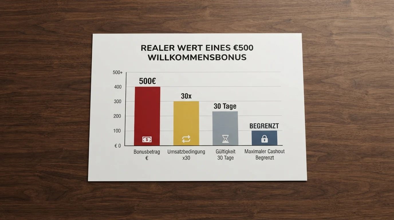 Eine Grafik, die einen großen Bonusbetrag zeigt, von dem schrittweise Abzüge durch Umsatzbedingungen, Zeitlimits und Gewinndeckel abgezogen werden