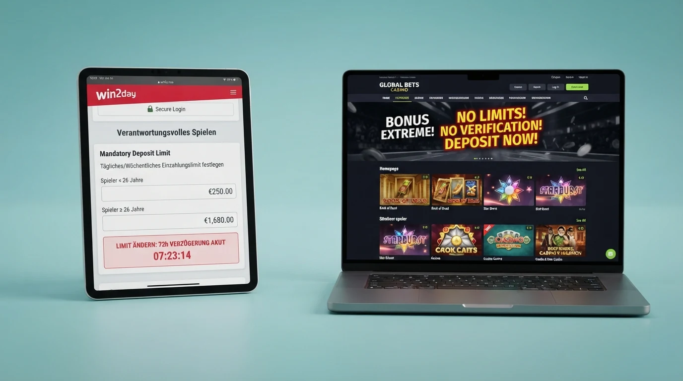 Gegenüberstellung: links die win2day-Oberfläche mit verpflichtender Limit-Eingabe vor dem Spiel, rechts ein Offshore-Casino ohne Limit-Abfrage