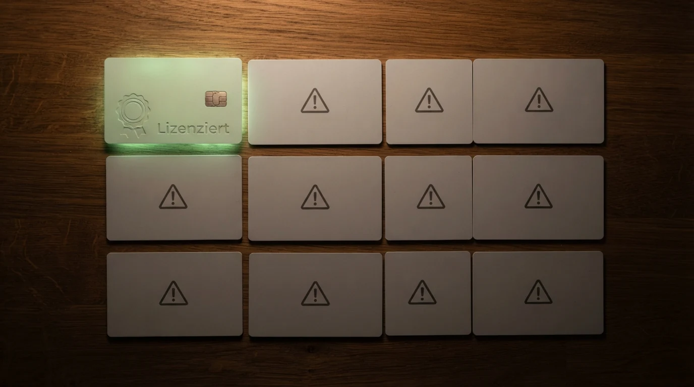 Zehn Kacheln mit Betreiberlogos: eine grün hinterlegt mit Haken für AT-Lizenz neun grau hinterlegt mit Warnsymbol für nicht-lizenziert