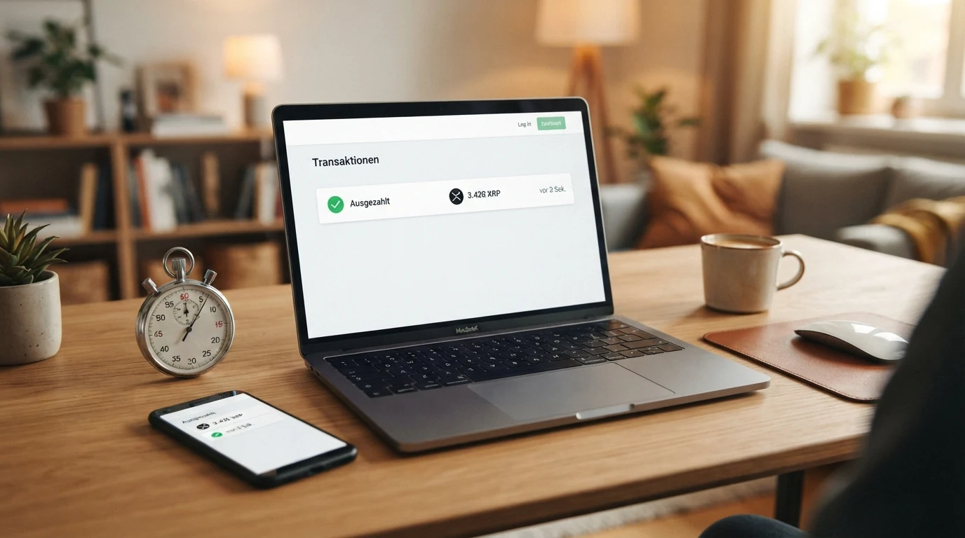 Ein Dashboard mit XRP-Transaktionsverlauf, das eine abgeschlossene Auszahlung in Sekunden zeigt — daneben eine Stoppuhr