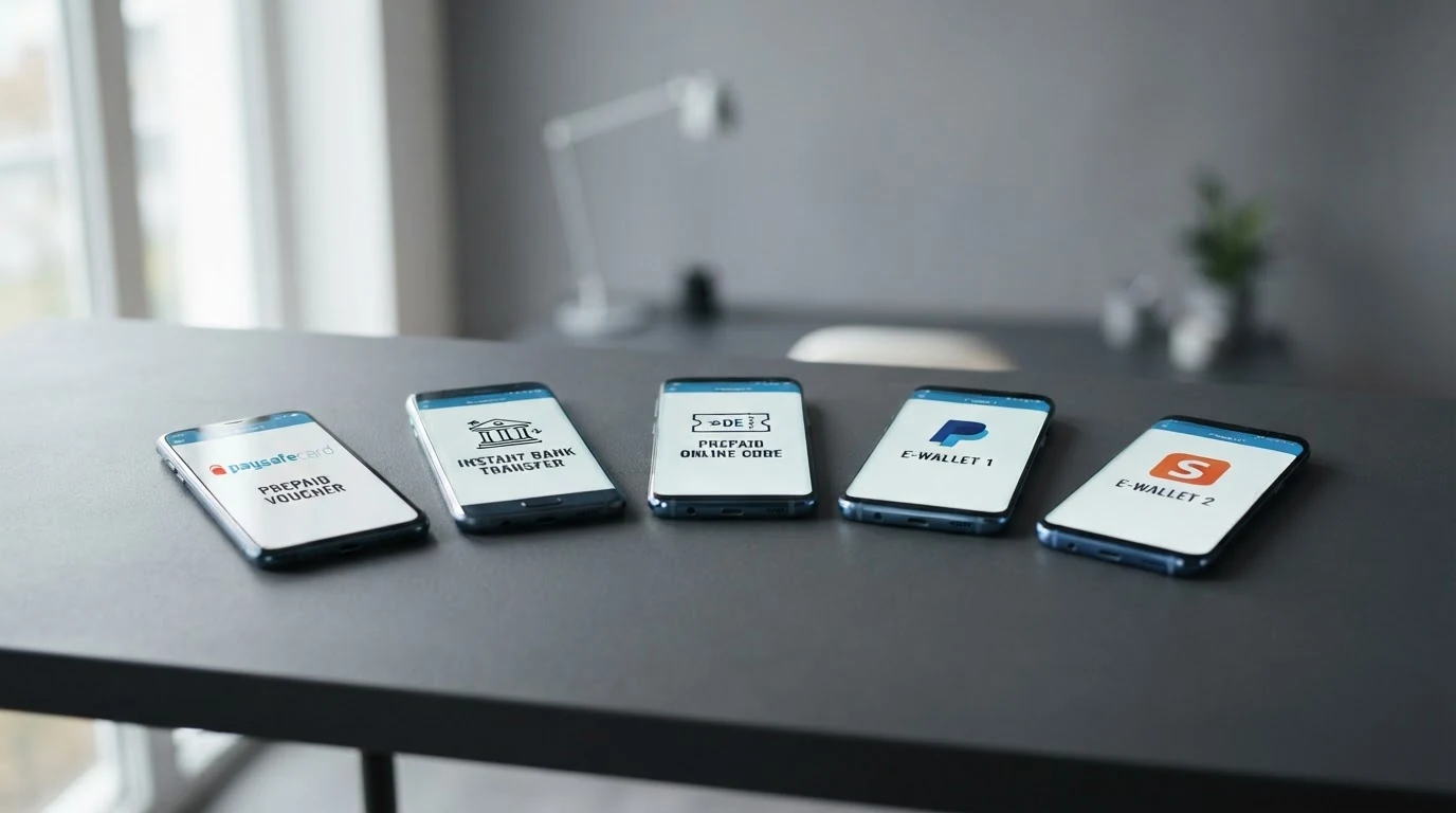 Die Logos von Paysafecard, EPS, Neosurf, Skrill und Neteller nebeneinander — die fünf wichtigsten Zahlungsmethoden für österreichische Online-Casino-Spieler.