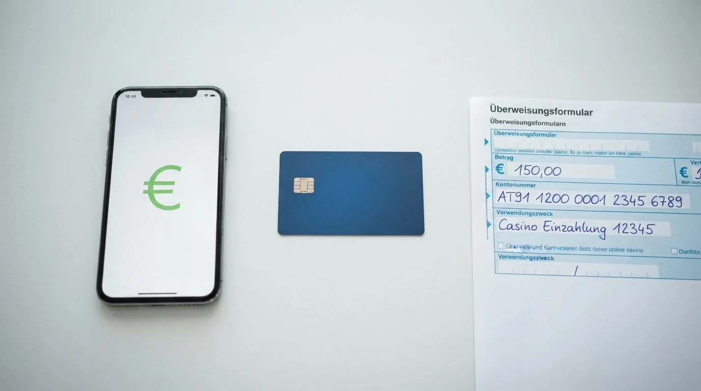 Drei Zahlungsmittel im Vergleich: Ein Smartphone mit E-Wallet-App, eine Kreditkarte und ein Banküberweisungsformular — nebeneinander auf einem Schreibtisch